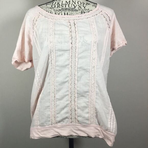 Easy Wear Tops - 100% cotton pink top with lace detail fairycore feminine cottagecore boho sz M